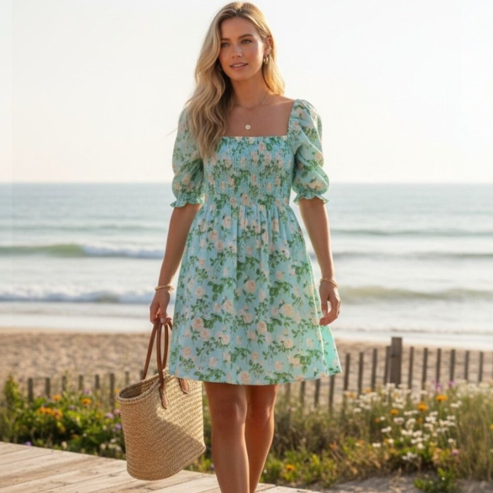 Smocked Floral Mini Dress in Light Green